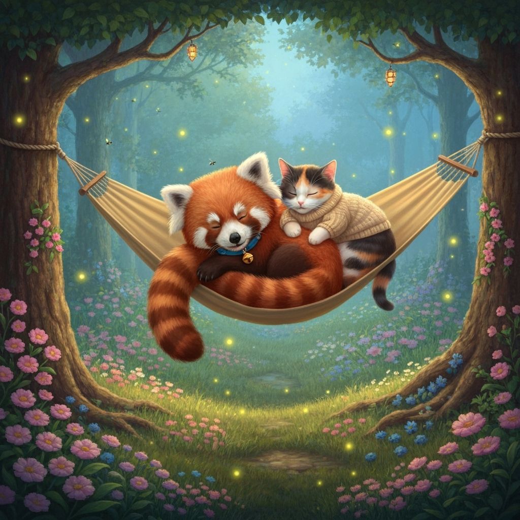 Red Panda and Calico Cat in Magical Forest
