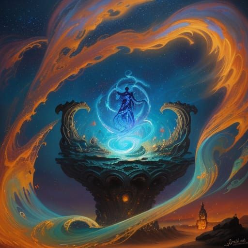 Djinn Emerges on Beach in Dreamy Oil Painting