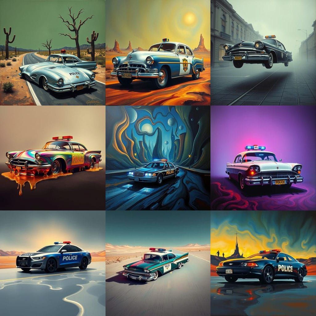 Bizarre Surrealist Police Car in Distorted Reality