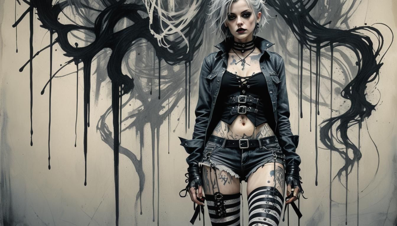 Goth Woman in Charcoal Drawing Style