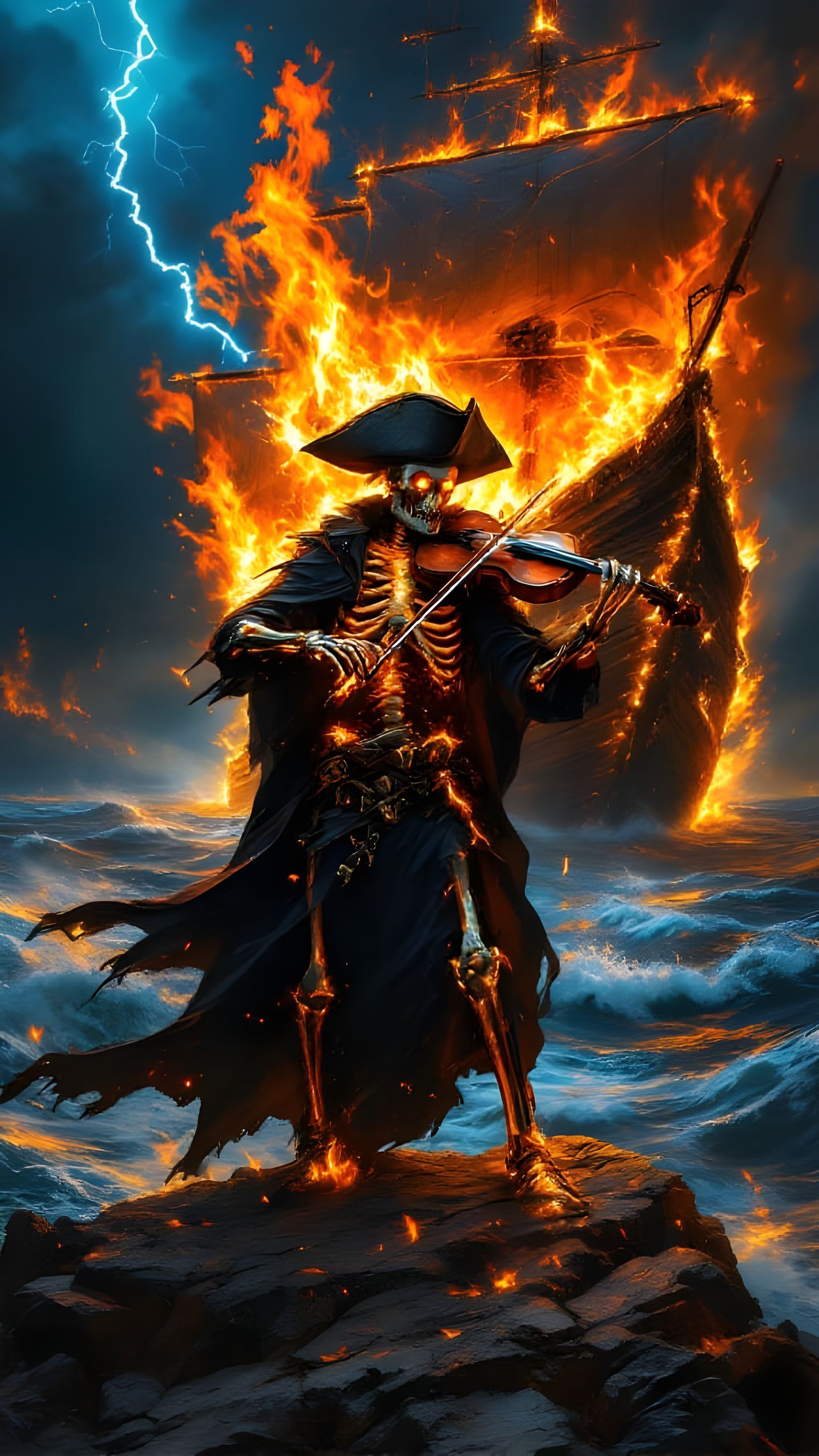 Dark Fantasy Pirate Skeleton Plays Violin Amidst Burning Shi...