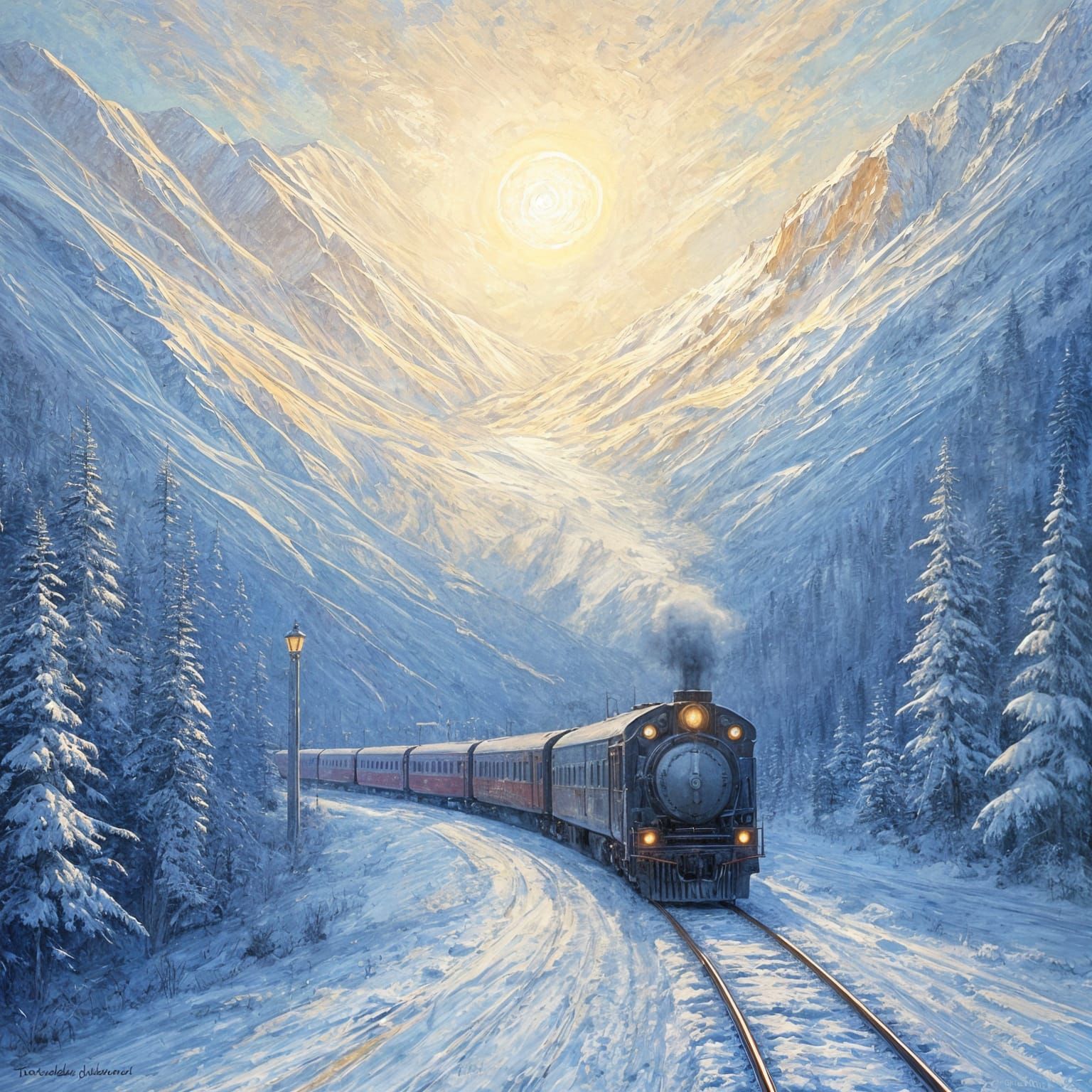 Ethereal Winter Train Journey Through Mountain Pass