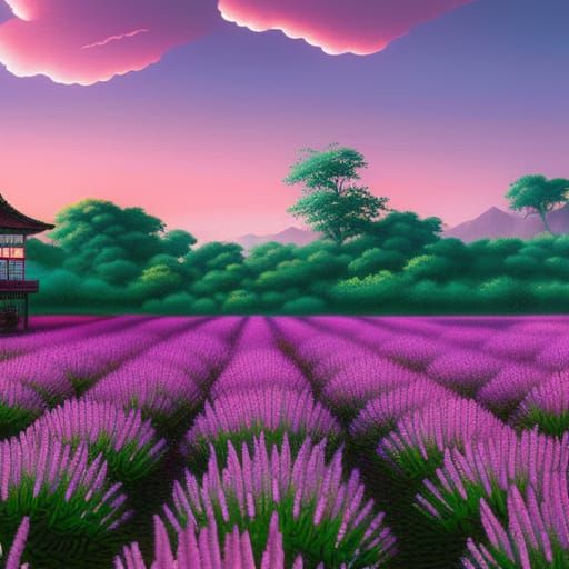 Anime Landscape with Pink Sunrise and Rose Garden