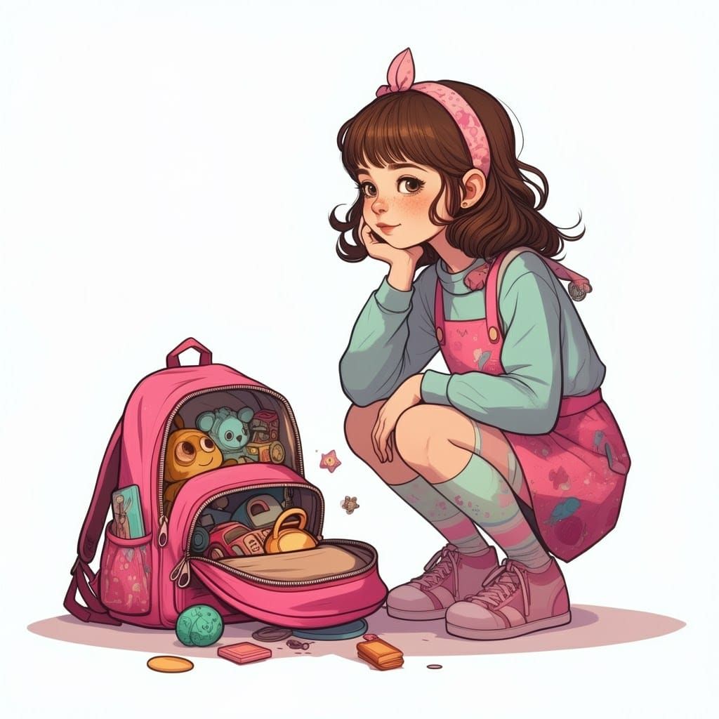 Girl with Pink Backpack in Cartoon Style
