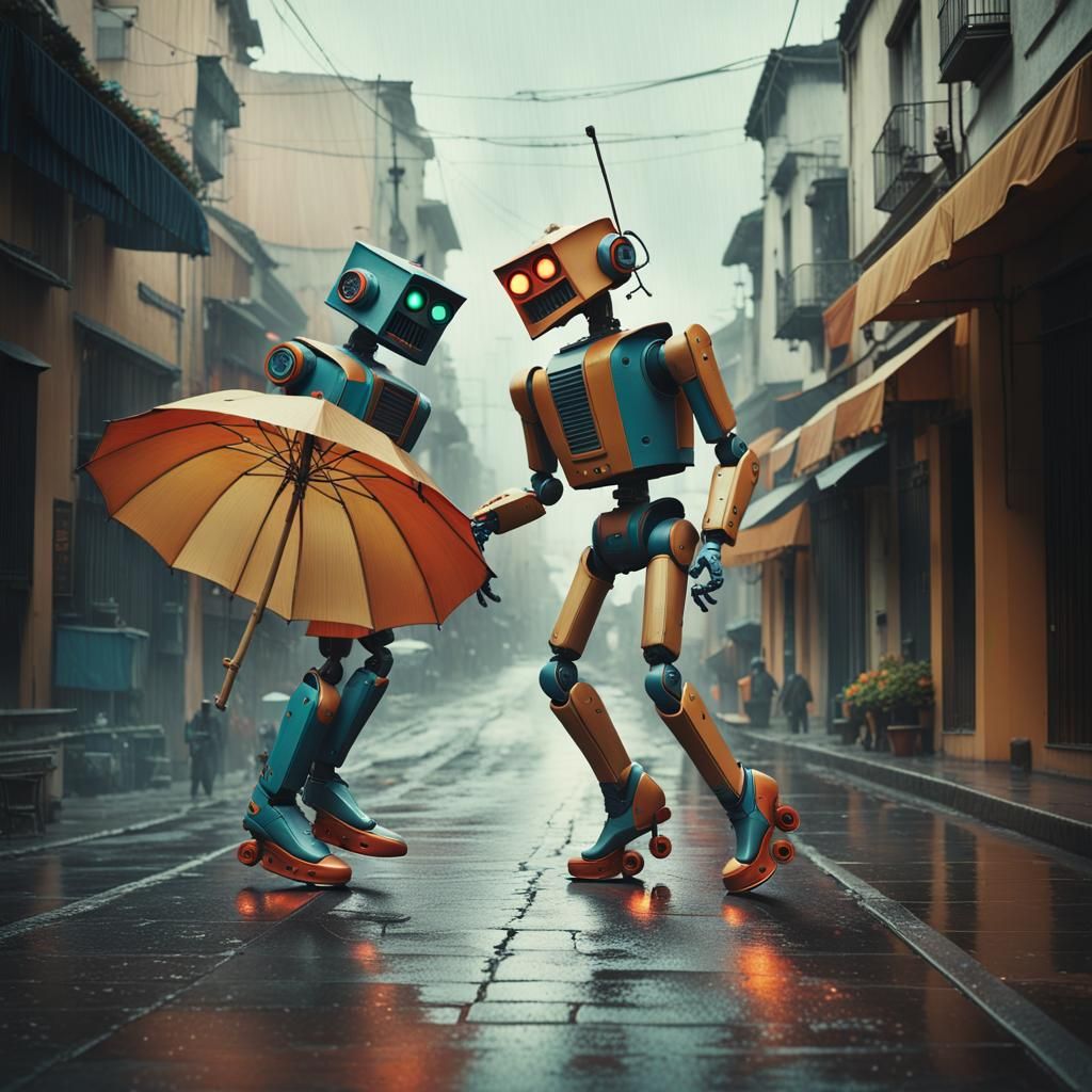 Dancing Female Robots with Umbrellas in Rainy Street