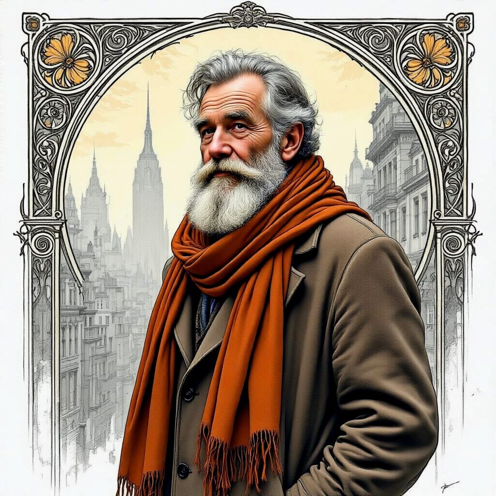 Monochrome Cityscape Portrait with Art Nouveau Elements