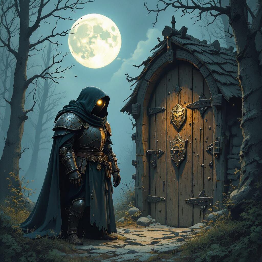 Mushroom Creature Guarding Medieval Door in Dark Forest