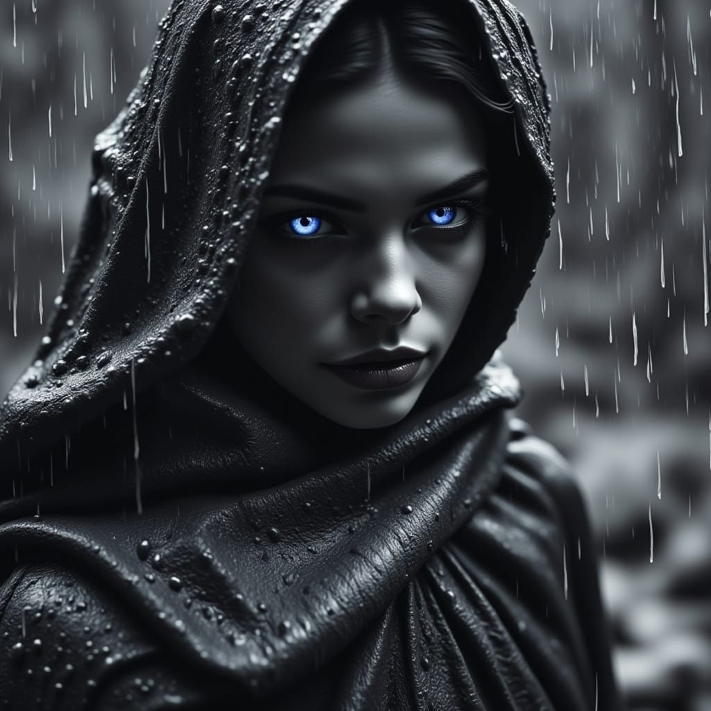 Gothic Vampire in Rainstorm, Photorealistic Vintage Style