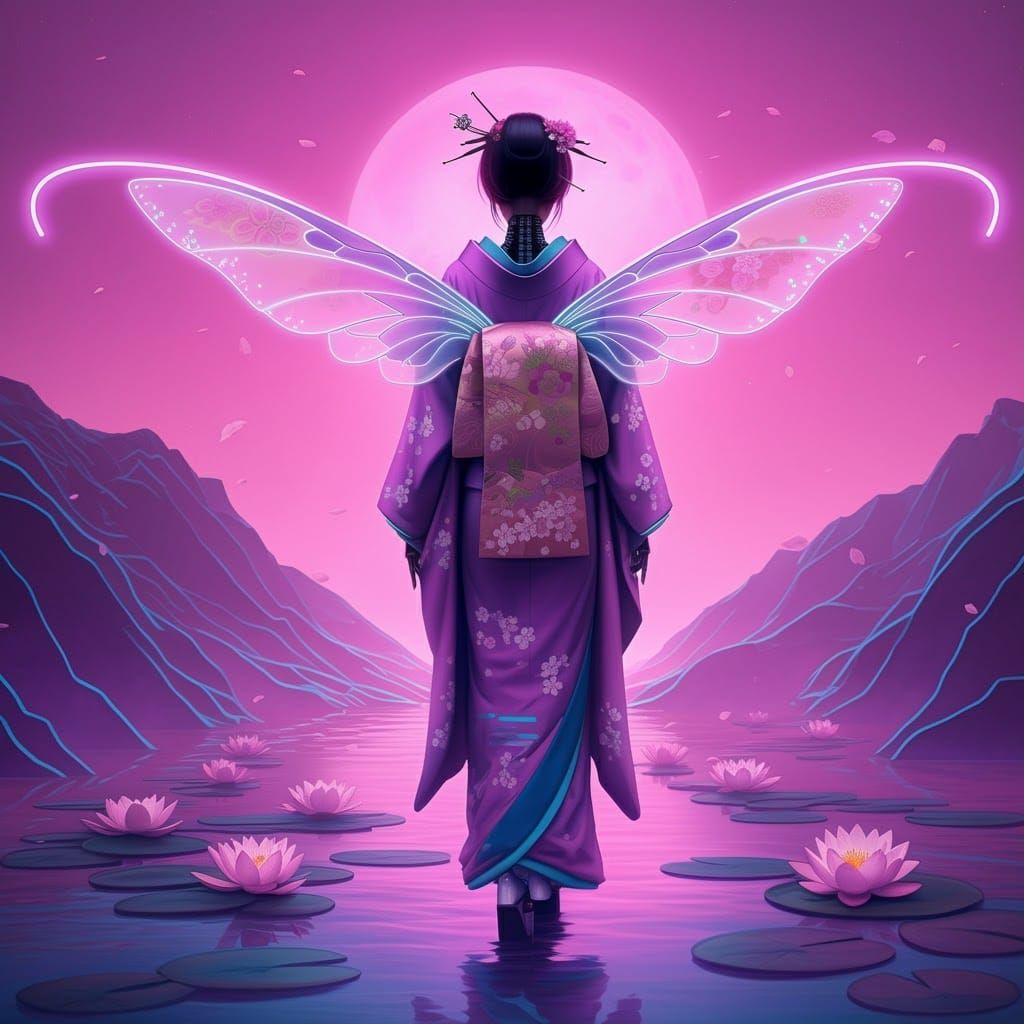 Cybernetic Geisha with Fairy Wings in Vaporwave Style