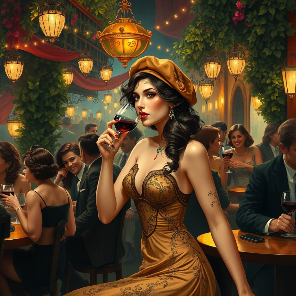 Guinguette Scene: Woman Sipping Wine in Gouache Style