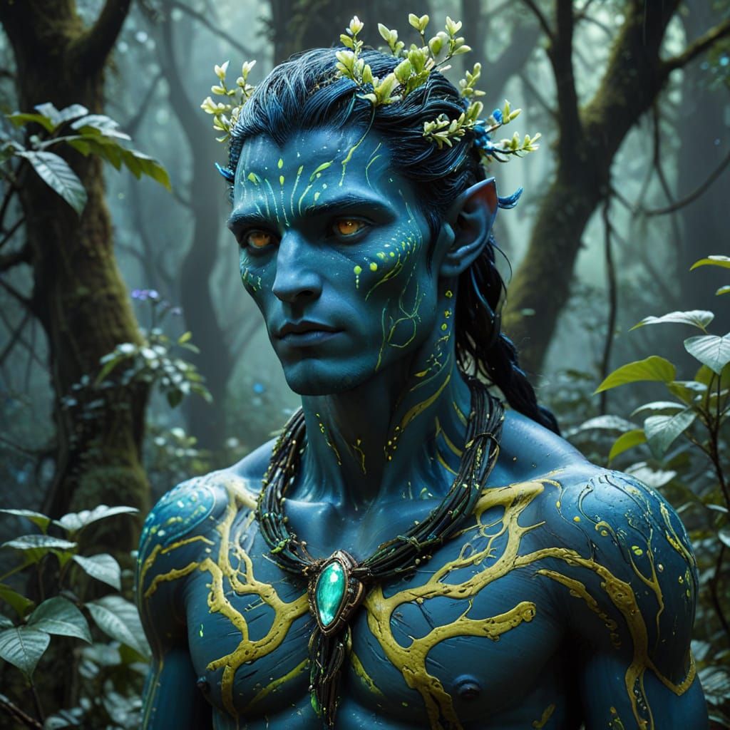Majestic Blue-skinned Na'vi Warrior in Ethereal Glow