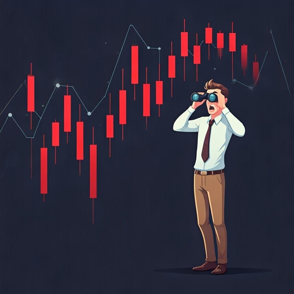 Shocked Man Gazing at Red Candlestick Graph