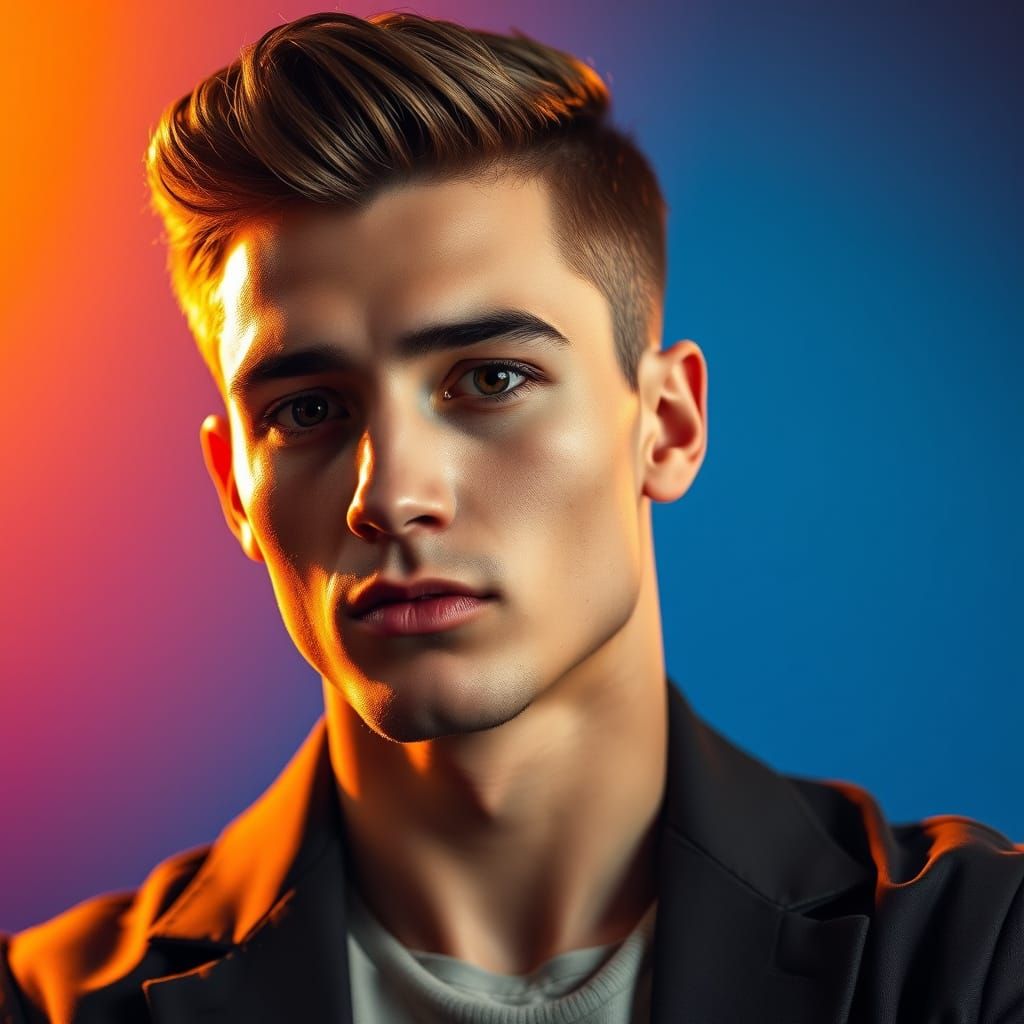 Un bello retrato de un varón joven en un estudio fotográfico con una iluminación perfecta