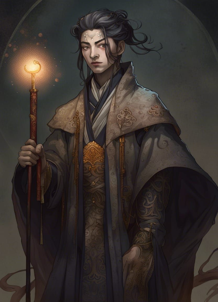 Ornate Art Nouveau Shinto Priest in Dark Fantasy Style