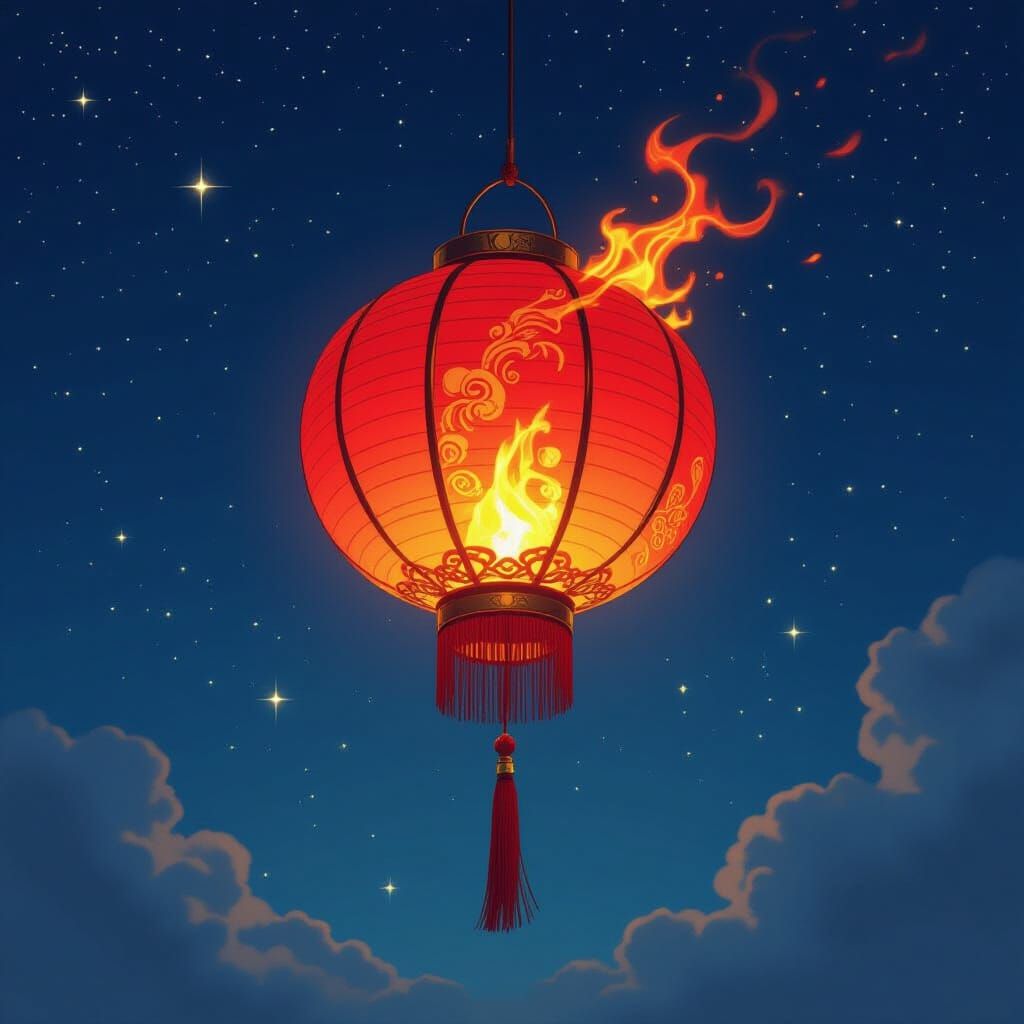 Fiery Red Lantern in Starry Cyberpunk Nightscape