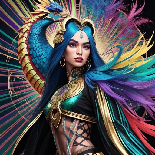 Woman Riding Dragon Serpent in Pop Art Style