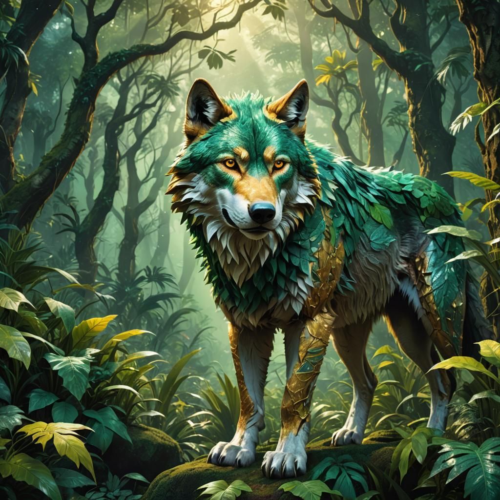 Giant Wolf in Emerald Jungle: 3D Fantasy Art