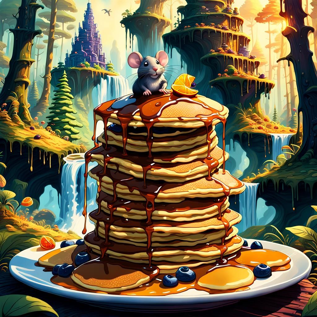 Mouse Eats Giant Pancakes in Whimsical Forest