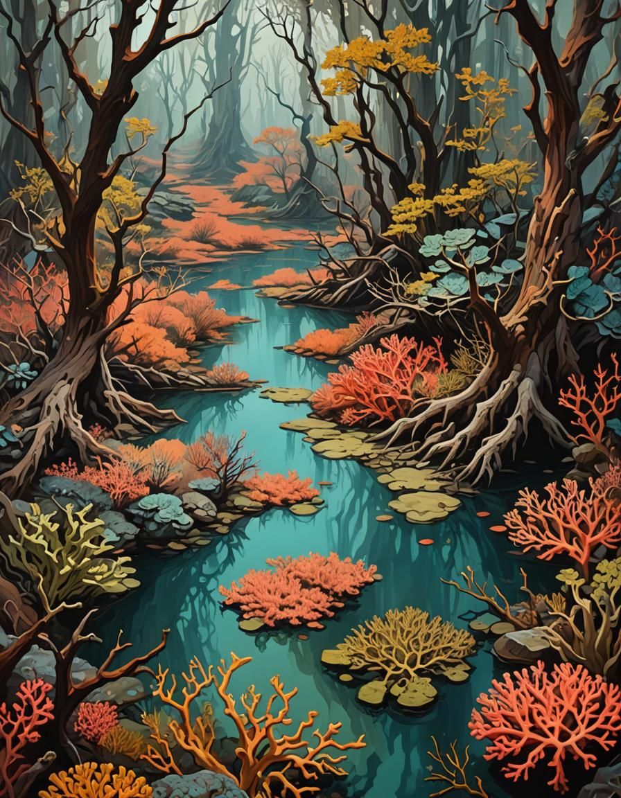 Abstract Canyon Swamp Coral Landscape Art