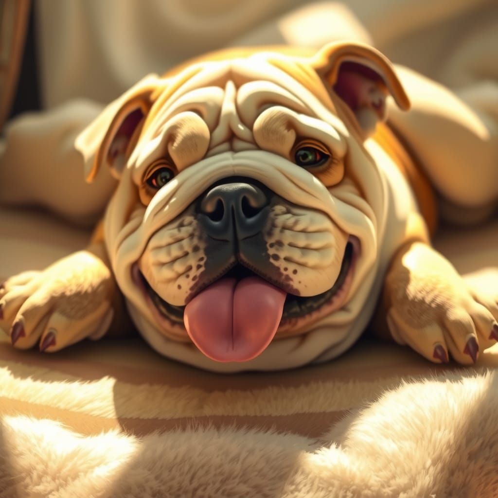 Bulldog Begs for Belly Rubs in Cozy Golden Light