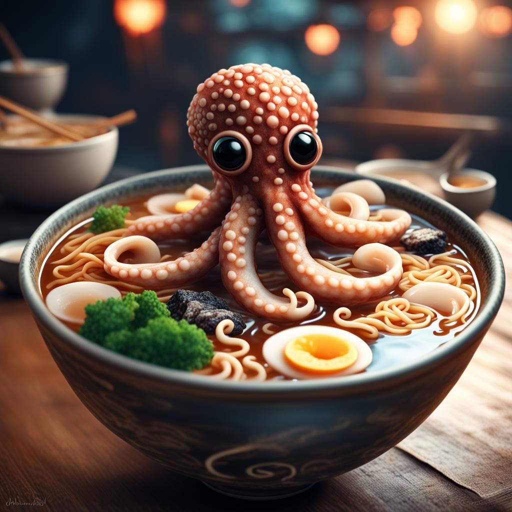 Ramen Soup with Octopus in Digital Matte Painting