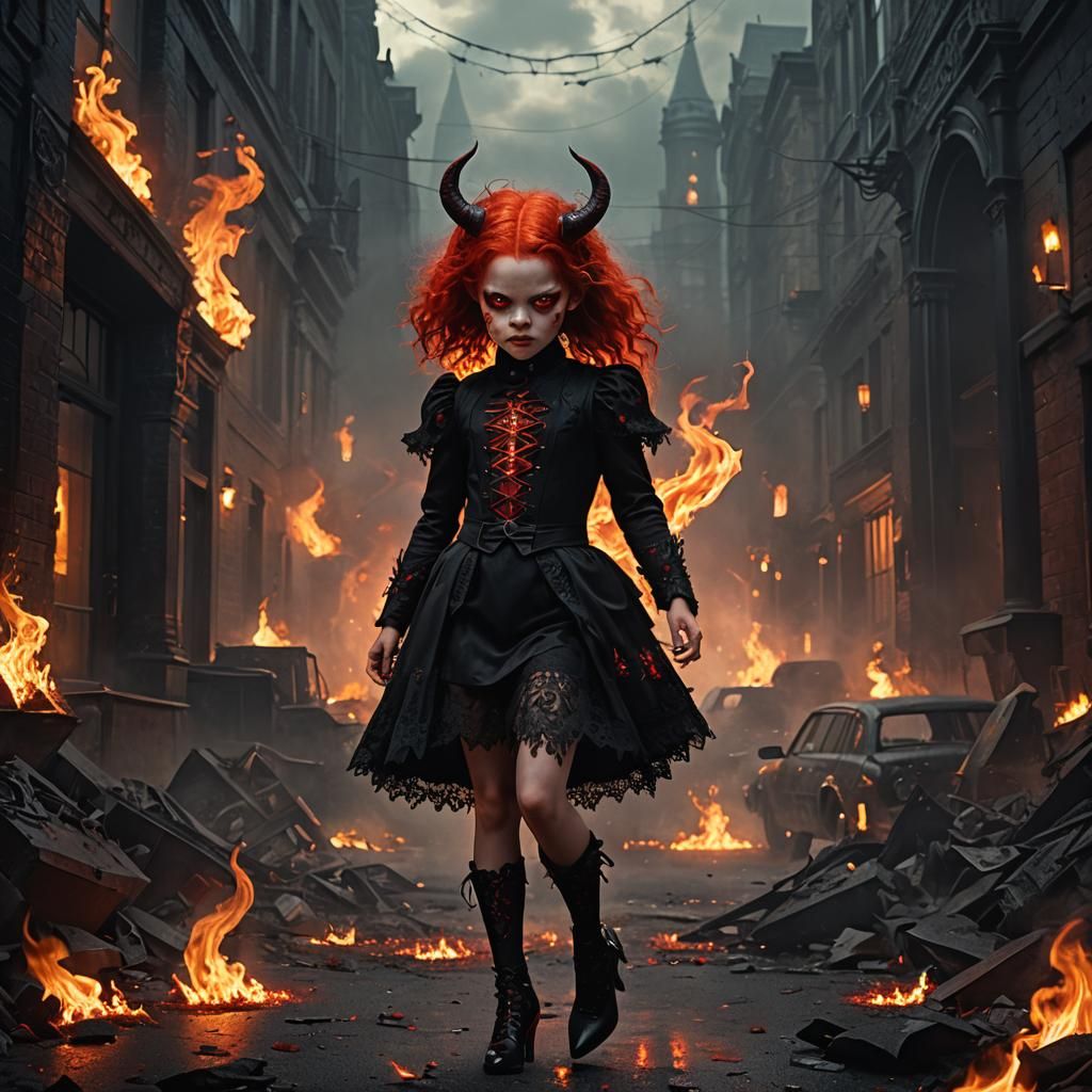 Sinister Young Devil in Black Lace: Digital Matte Painting