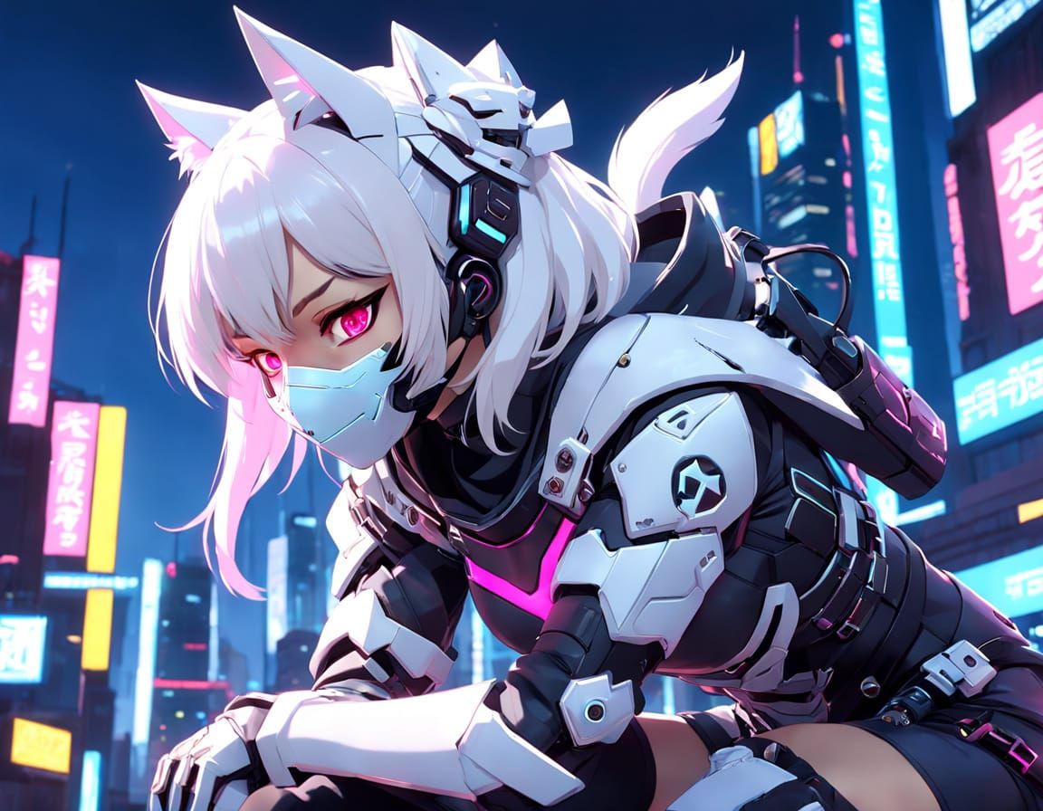 Cyberpunk Ninja Girl in Stealthy Armor with Cat Ears and Oni...