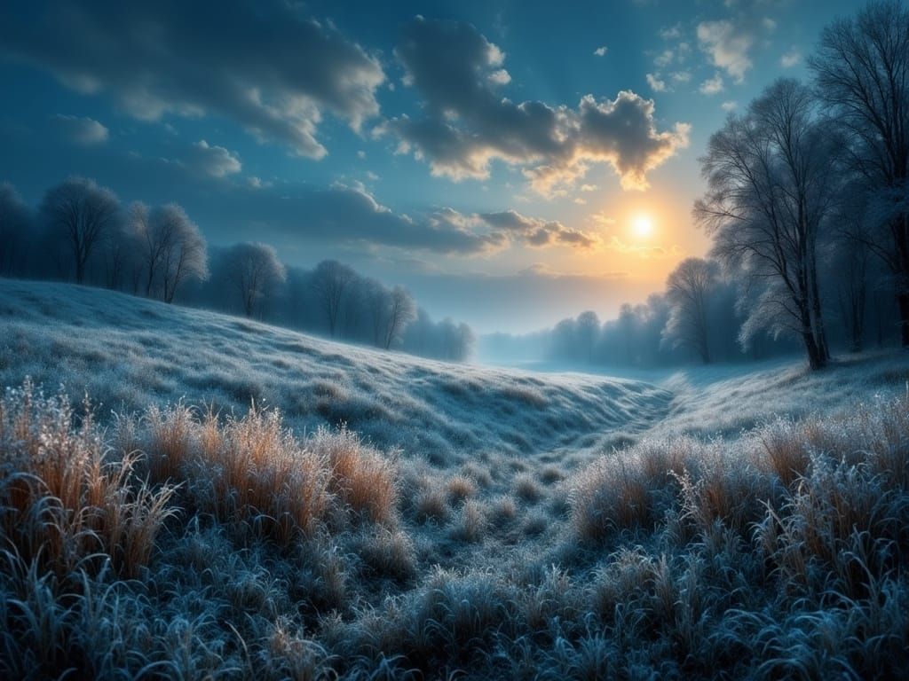Moonlit Frosty Fields Under Midnight Sky