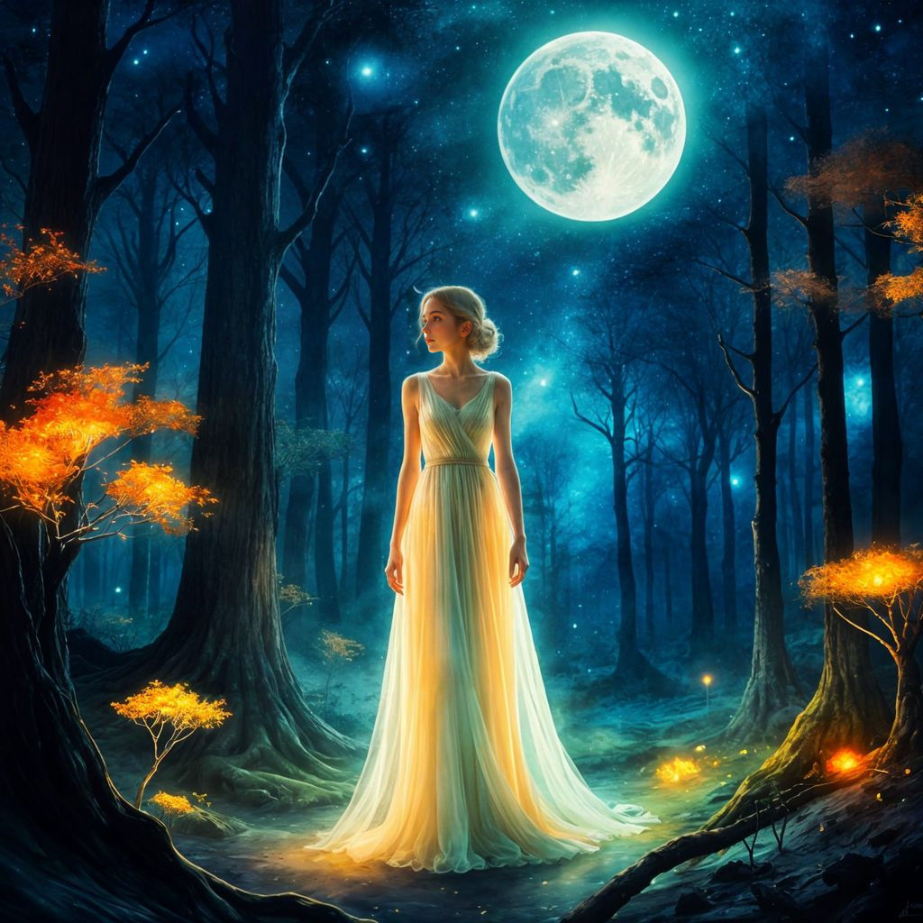 Ethereal Woman in Forest Clearing at Night