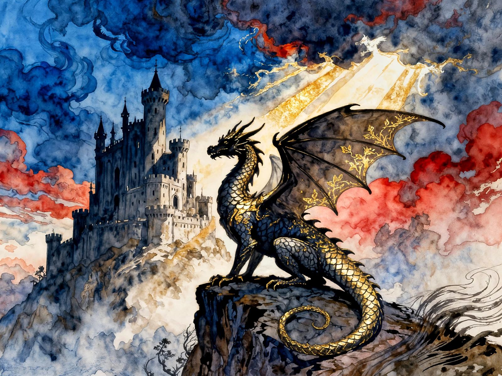 Dragon on Cliffside with Castle, Watercolour with Gold Accen...
