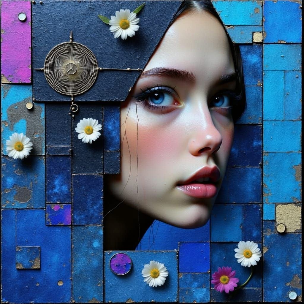 Geometric Portrait of a Woman in Blue and Purple Tones