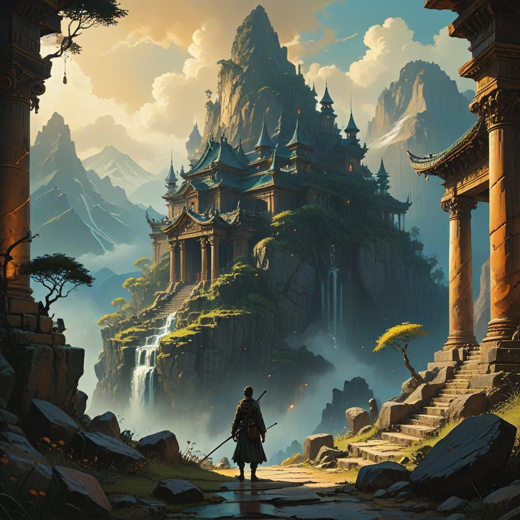 Traveler at Forgotten Temple in Misty Mountains