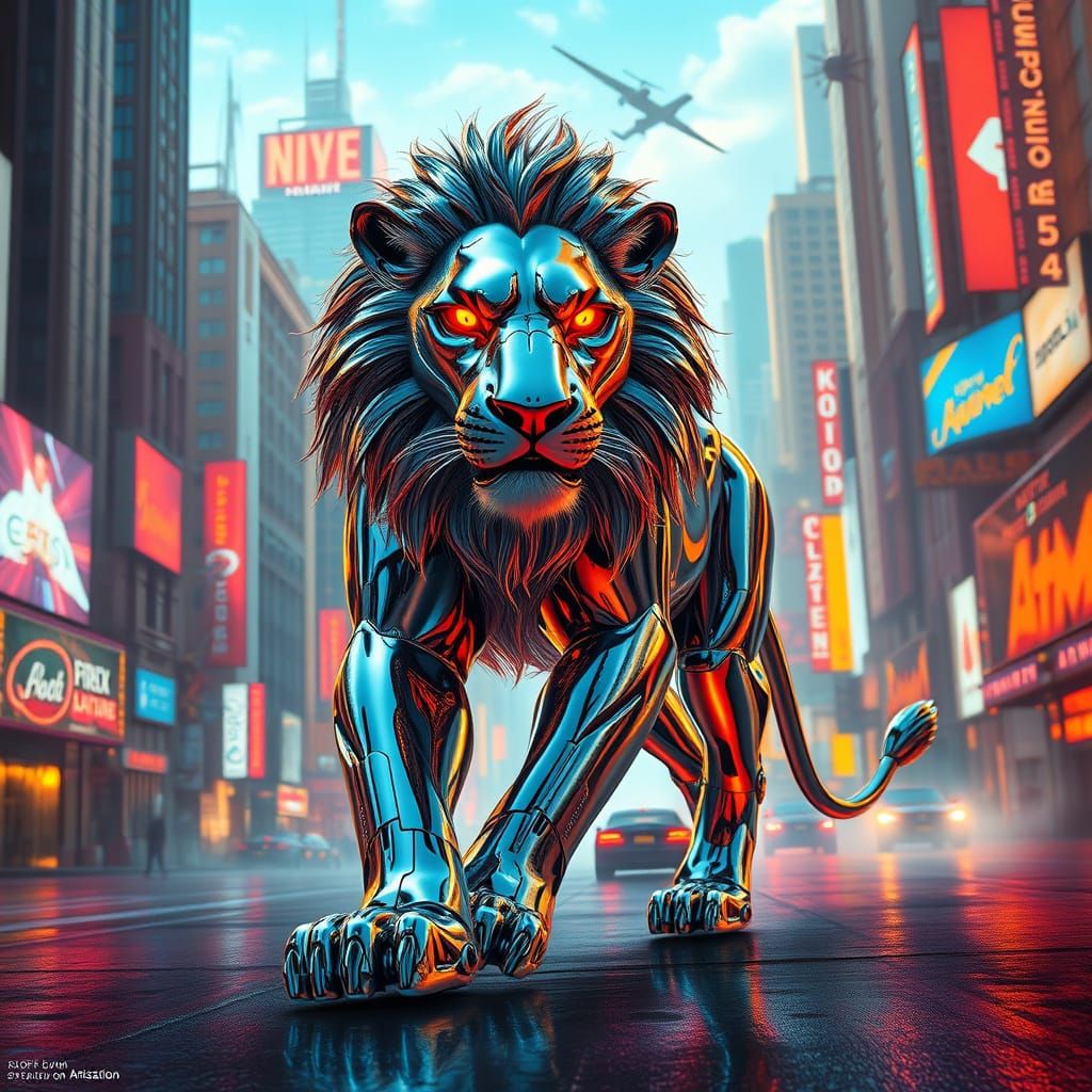 Chrome Lion Strides Through Futuristic Cityscape