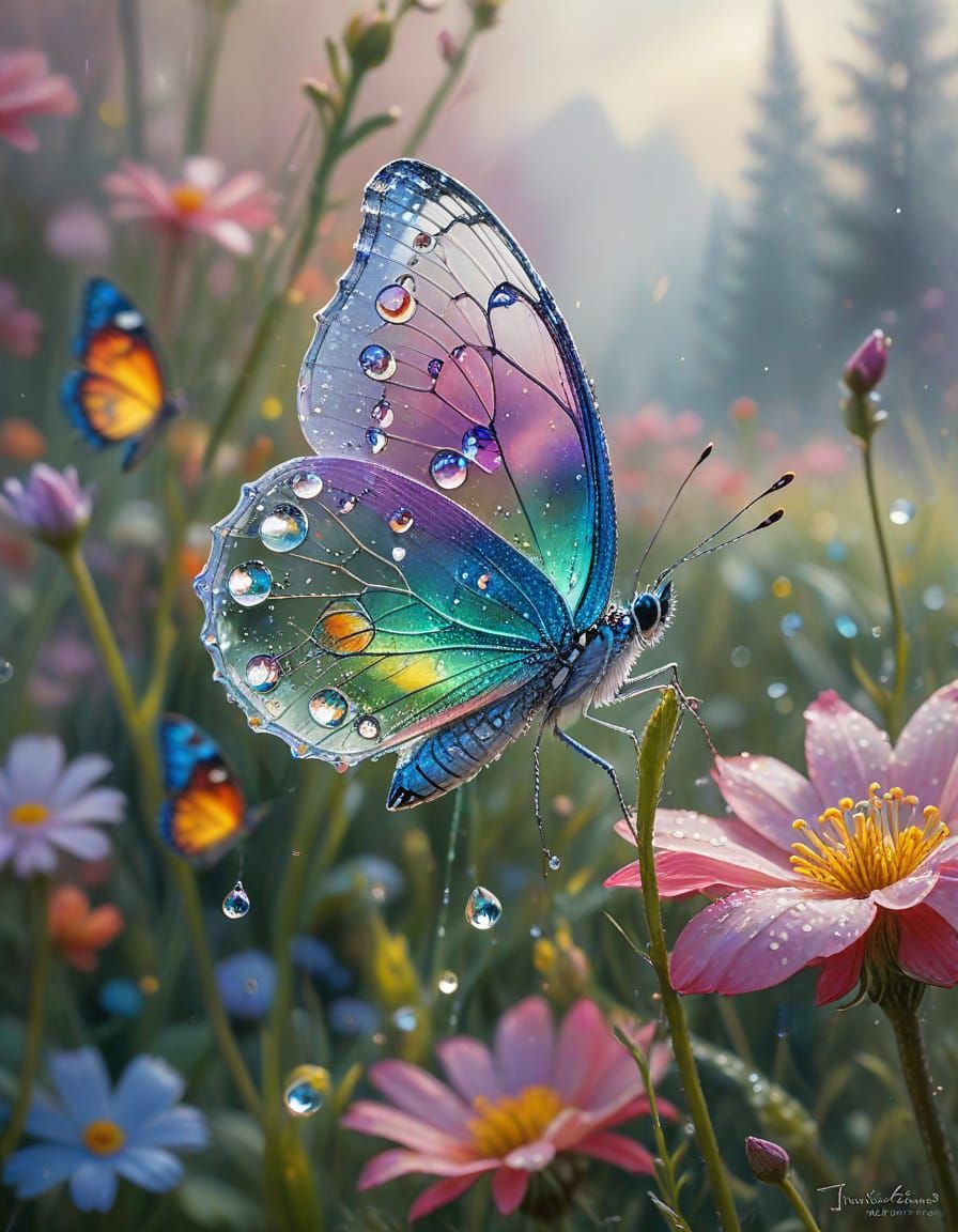 Dewdrop Reflecting Meadow on Flower Petal, Ethereal Style