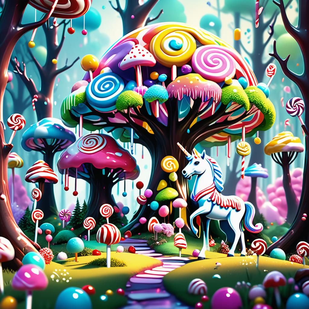 Whimsical Candy Forest with Unicorns, Digital Illustration