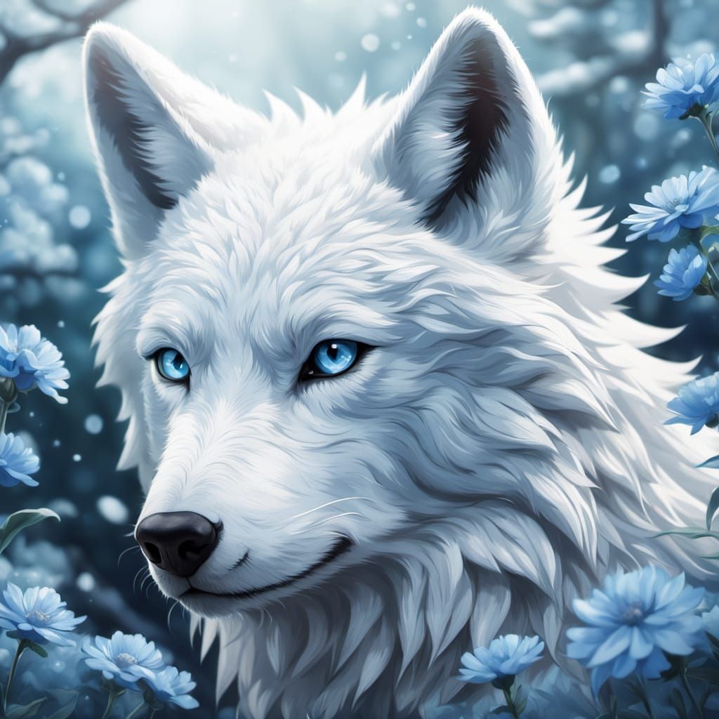 White Wolf with Blue Flowers in Ghibli Style