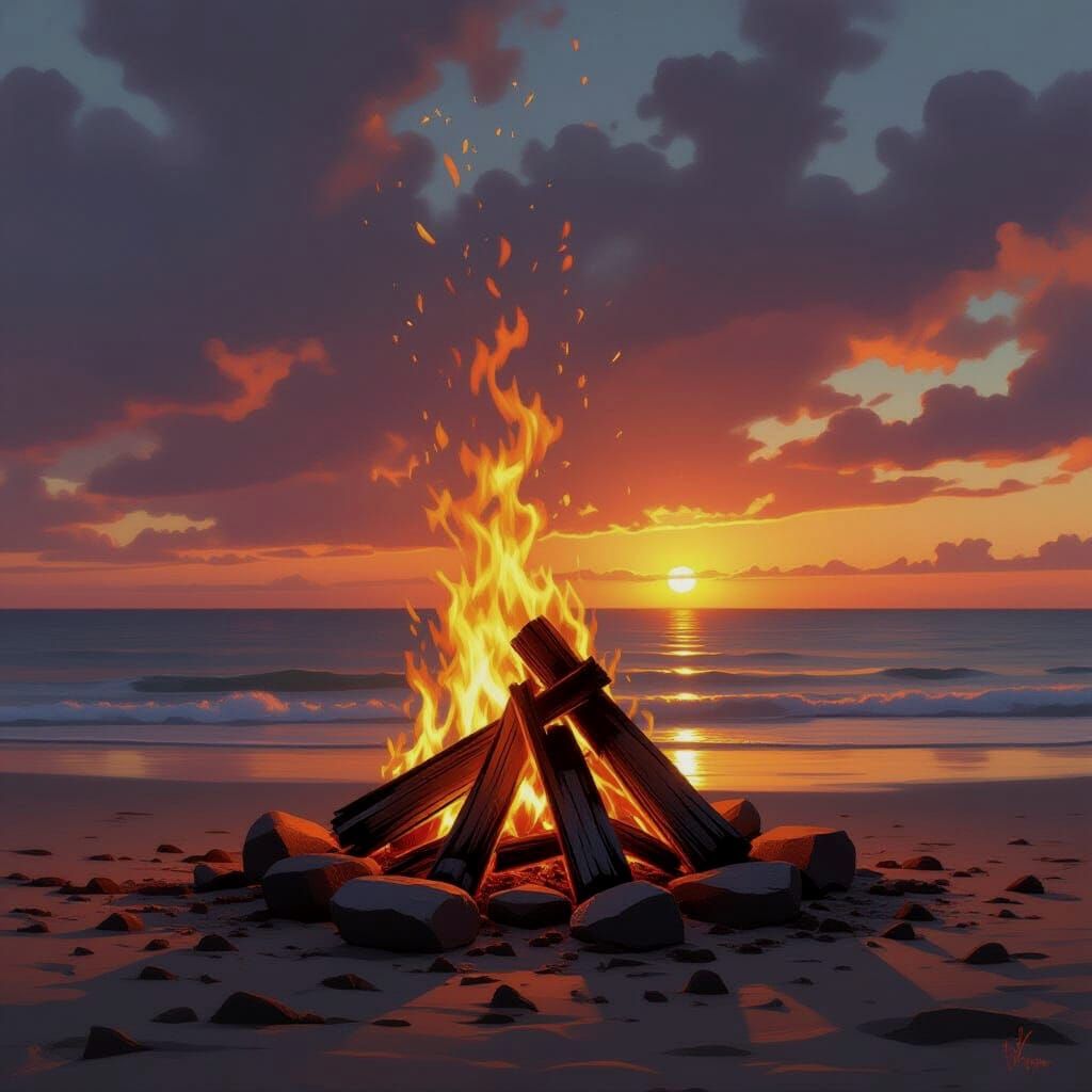 Realistic Bonfire Scene on a Beach