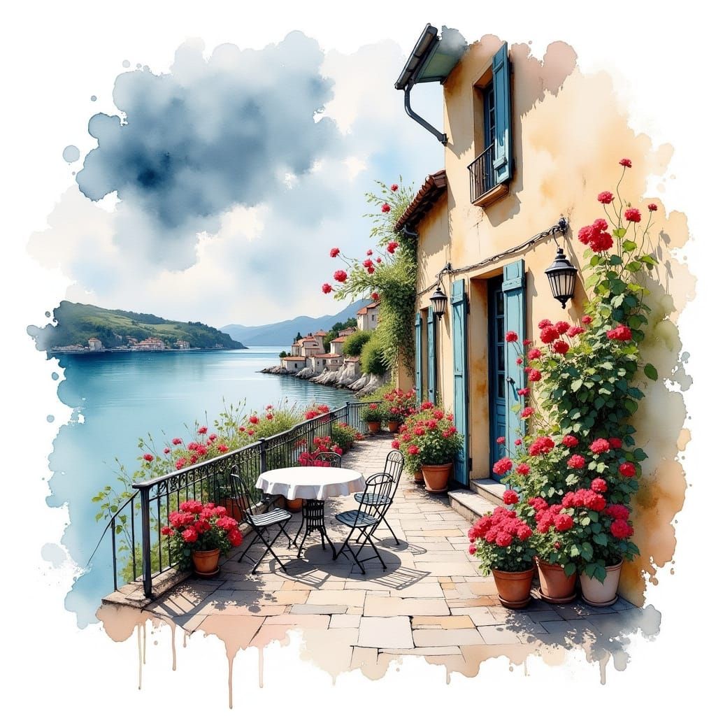 Watercolor House by the Water with Romantic Terrace