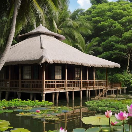 Stilt House with Lotus Pond and Thatched Roof