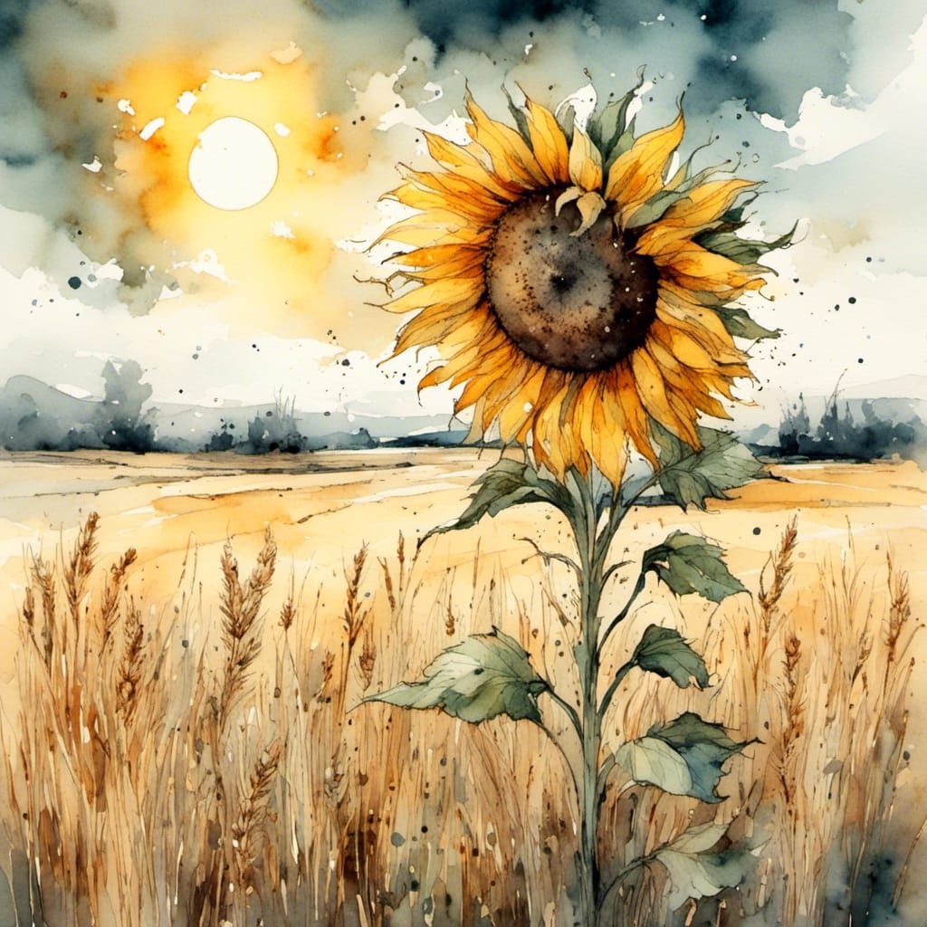 Lone Sunflower in Wheat Field, Watercolor Style