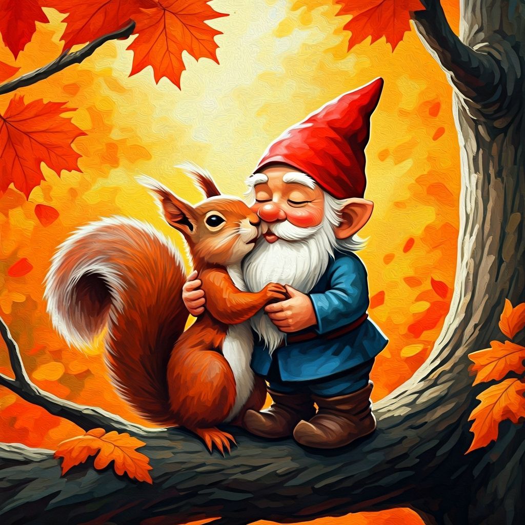 Gnome and Squirrel's Autumn Romance as Impasto Painting