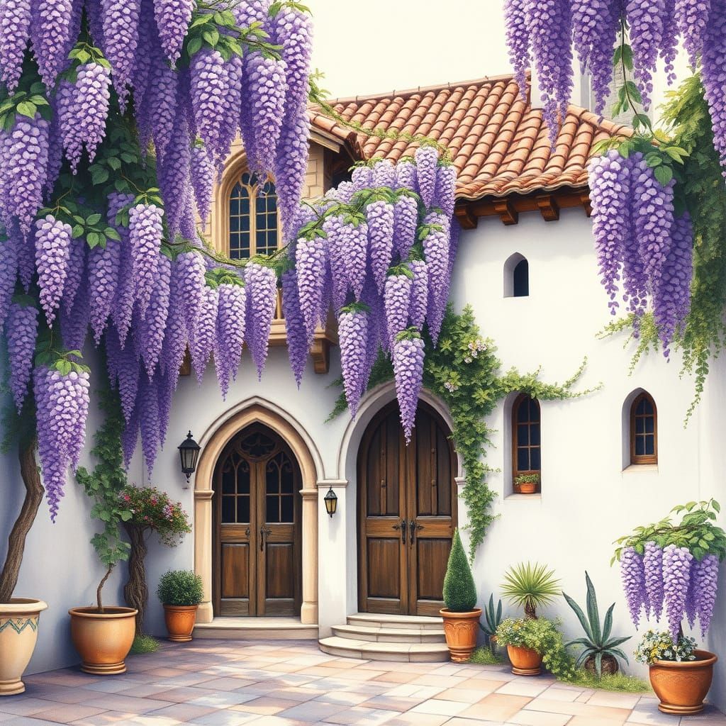 Gothic Cottage with Wisteria in Watercolor Style