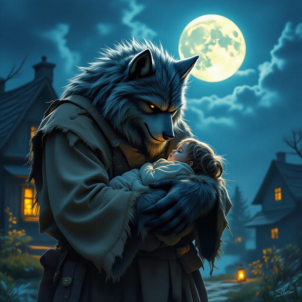 Werewolf Guardian Protecting Sleeping Child Under Moonlight