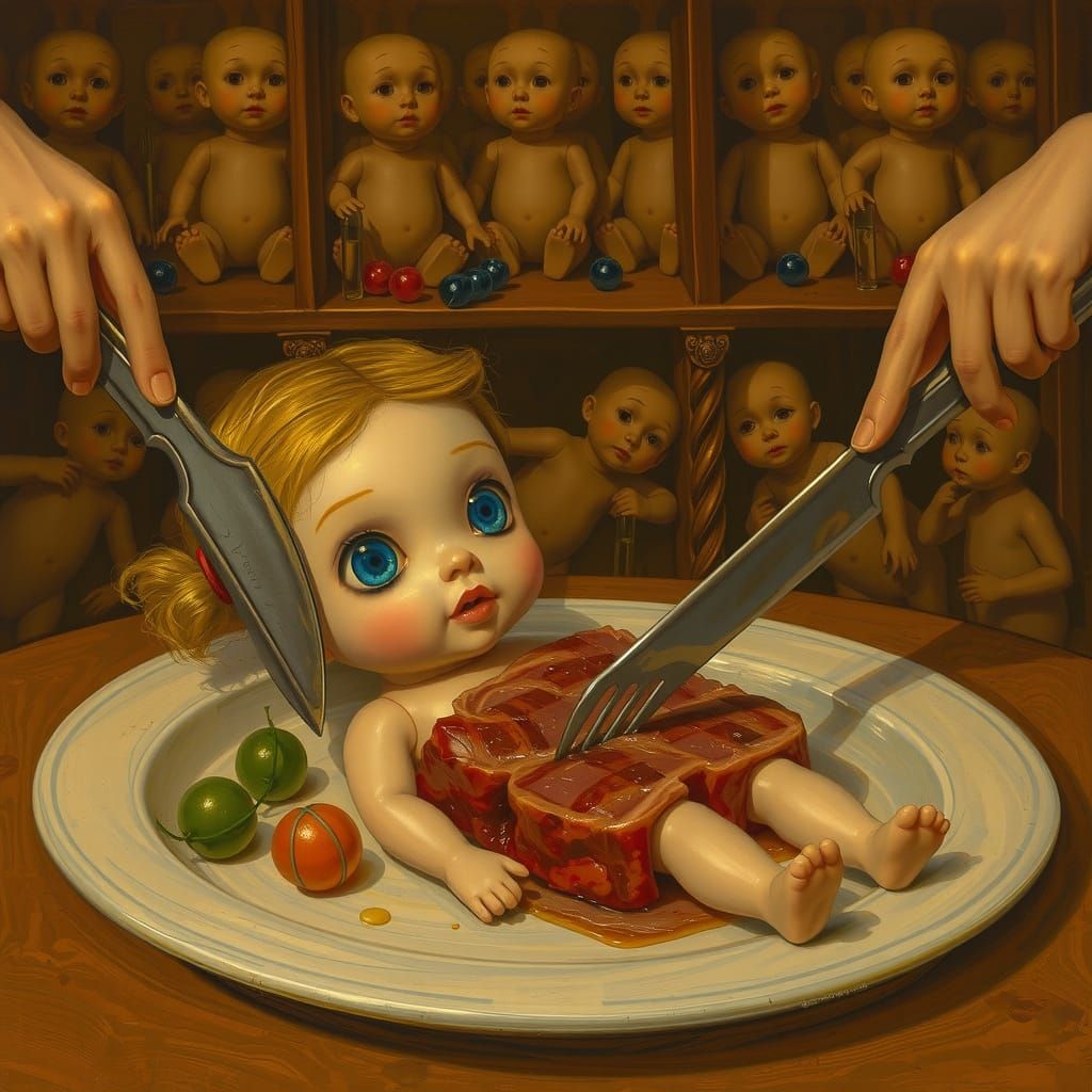 Doll Steak Ritual: Surreal Pop Art Illustration