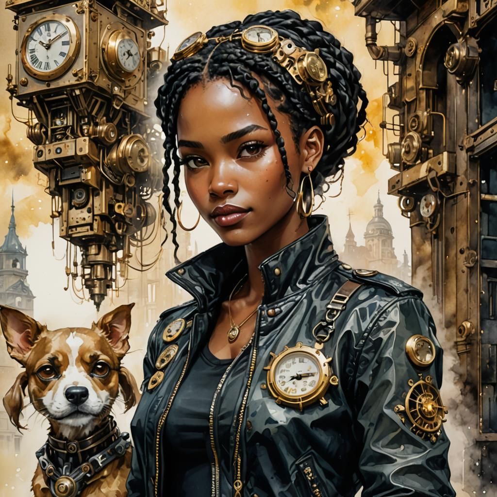 Watercolor Portrait of Woman with Steampunk Dog
