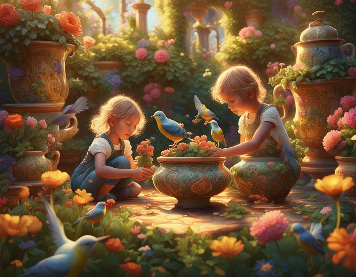 Children in Whimsical Garden, Fantasy Concept Art