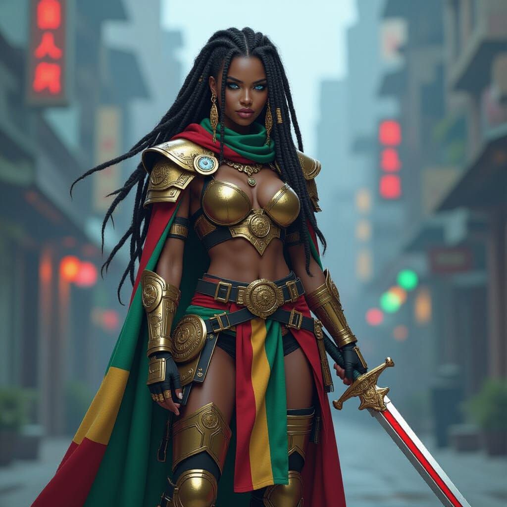 Cyberpunk Rasta Warrior in Dystopian Cityscape