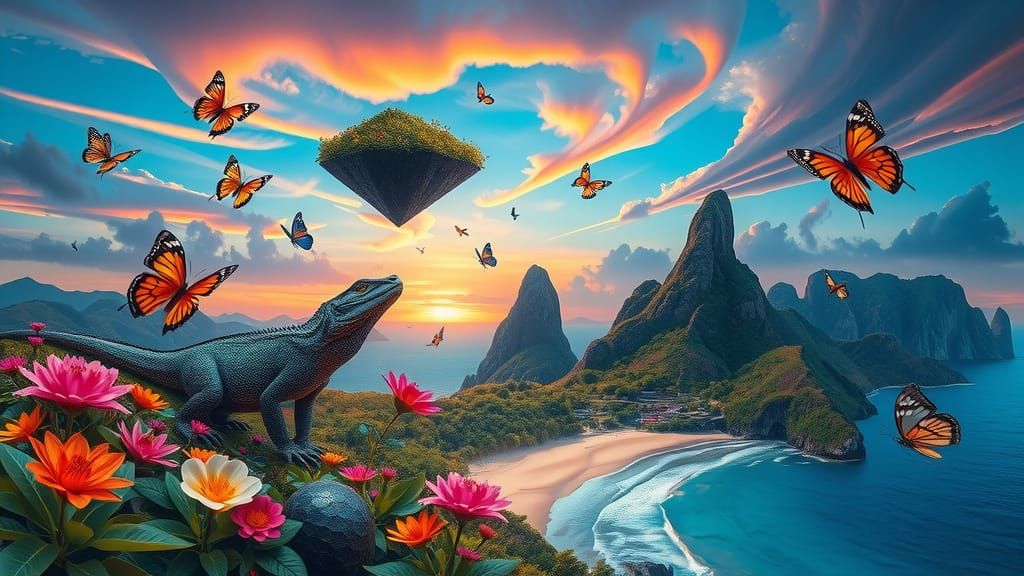 Surrealistic Komodo Island Scene in Vibrant, Dreamlike Color...