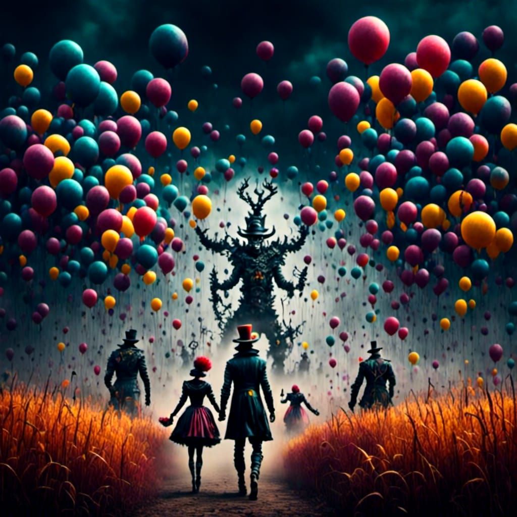 Surreal Landscape with Graffiti and Clowning Figures