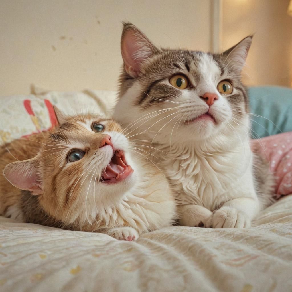 Whimsical Cartoon: Kitty Wakes Up with Mouse